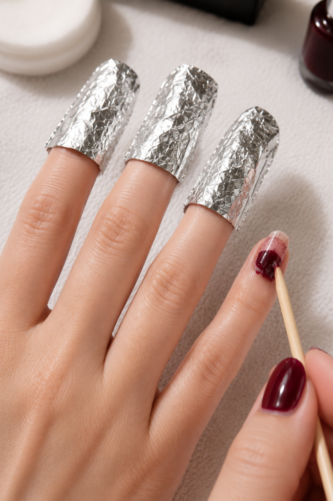 A close-up of softened dark burgundy gel nail polish being carefully lifted from the natural nail with a wooden cuticle stick after soaking in acetone. The gel peels away smoothly without damaging the nail surface.