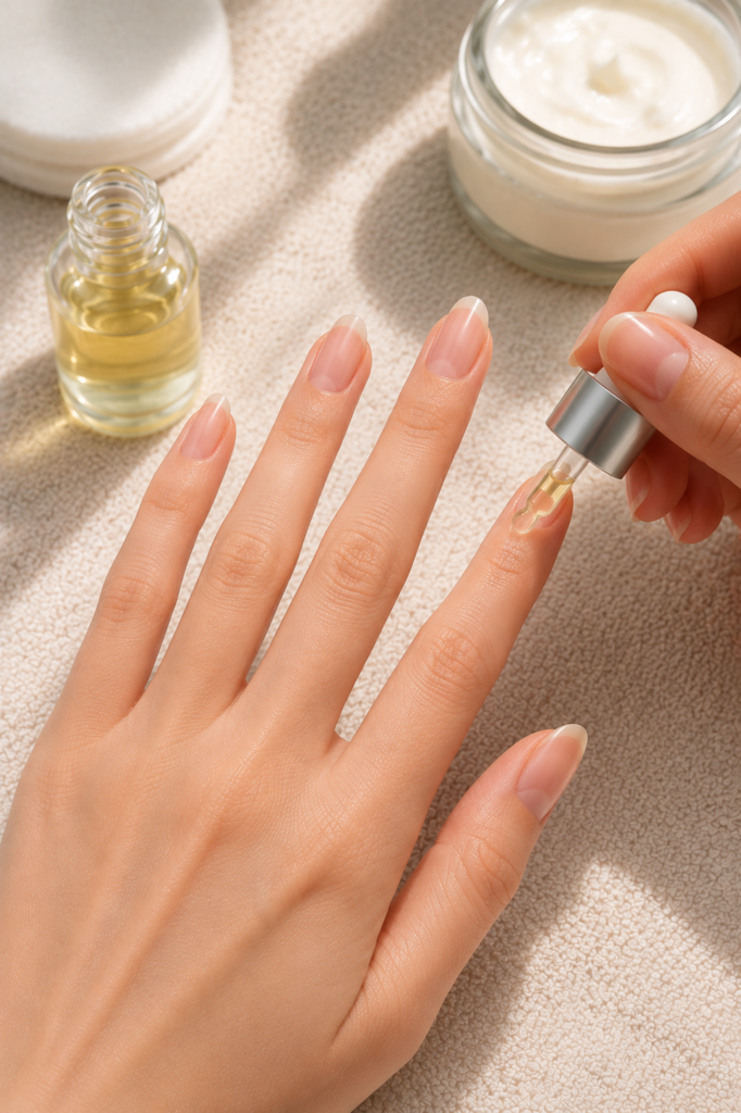A close-up of freshly cleaned natural nails with cuticle oil being applied after removing gel nail polish. Moisturizing the nails and cuticles helps restore hydration, reduce dryness, and keep nails healthy after the removal process. It shows the last part of  how to remove gel nail polish