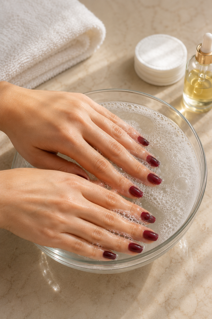 A close-up of hands soaking dark burgundy gel-polished nails in a bowl of warm soapy water. This gentle method helps soften the gel polish before attempting to remove it without using acetone.