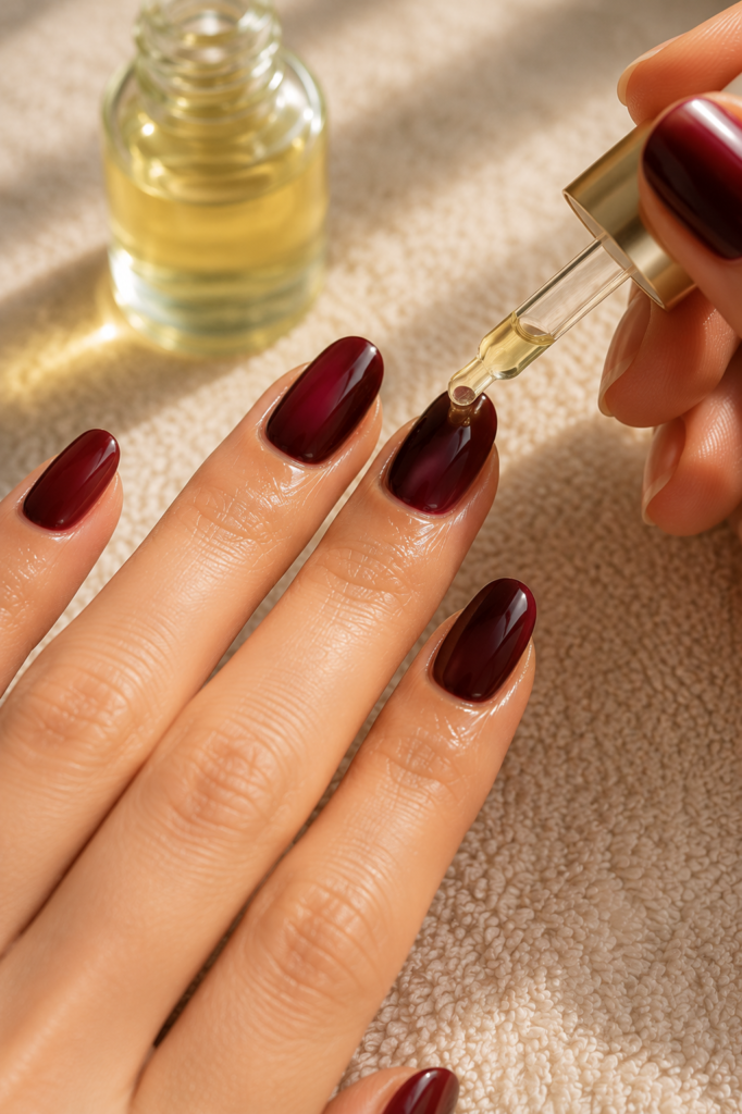 A close-up of dark burgundy gel-polished nails with cuticle oil being applied around the nail edges. Applying cuticle oil helps reduce friction and makes it easier to gently loosen gel polish when using an acetone-free removal method.