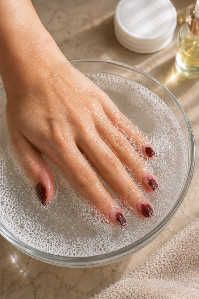 A close-up of partially removed dark burgundy gel nail polish soaking in warm soapy water for a second time. Re-soaking helps soften any remaining gel polish, making it easier to remove gently without damaging the natural nails.