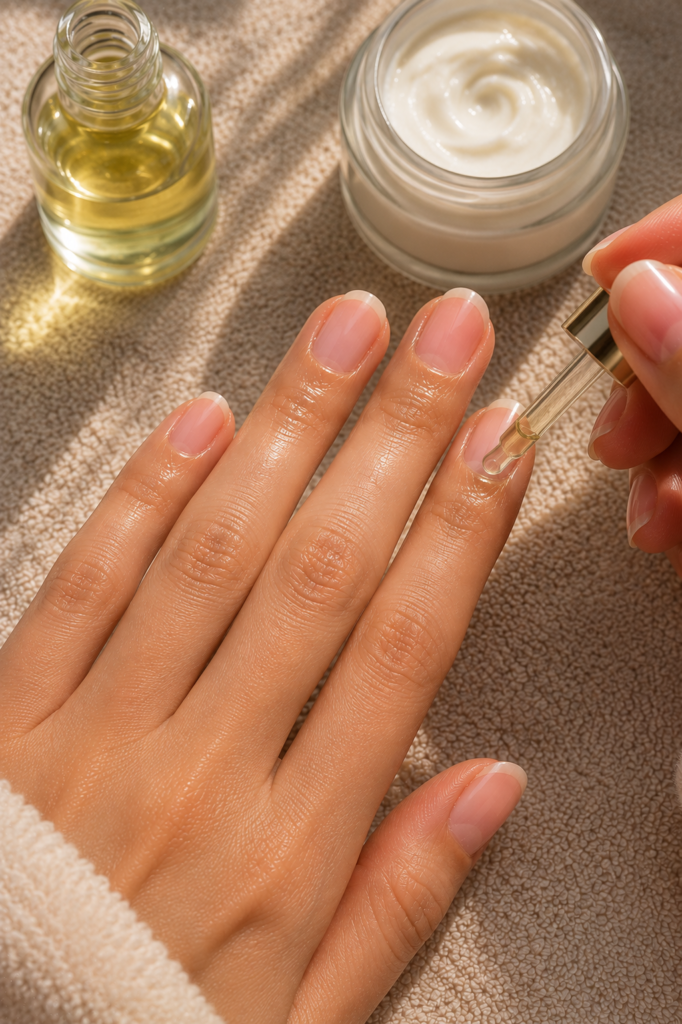 A close-up of healthy natural nails after following the steps on how to remove gel nail polish safely, with cuticle oil being applied using a dropper. Moisturizing the nails and cuticles after removing gel polish helps restore hydration, reduce dryness, and keep nails strong and healthy.