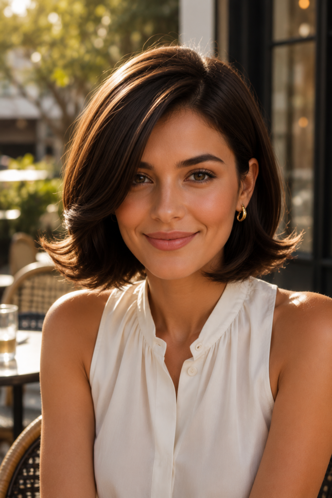 Woman with a flipped bob hairstyle featuring outward-curved ends, a deep side part, and a glossy finish.