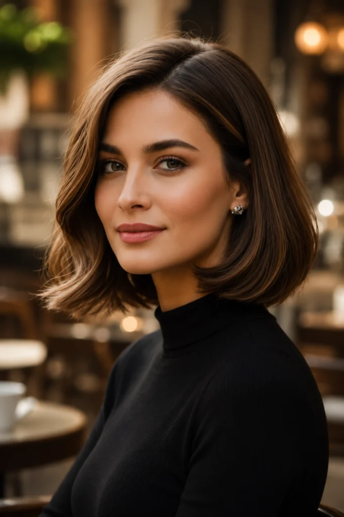 A woman wearing a polished side-part bob hairstyle with a deep side part, smooth texture, and softly curved ends. This timeless short bob hairstyle flatters oval, heart, and square face shapes while offering a sleek, sophisticated look that's easy to style for both casual and formal occasions.