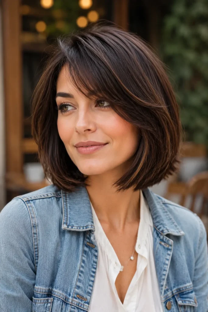 A woman wearing a layered bob hairstyle with soft face-framing layers and side-swept bangs. This stylish short bob hairstyle adds natural volume, movement, and a modern touch, making it suitable for everyday wear and special occasions.