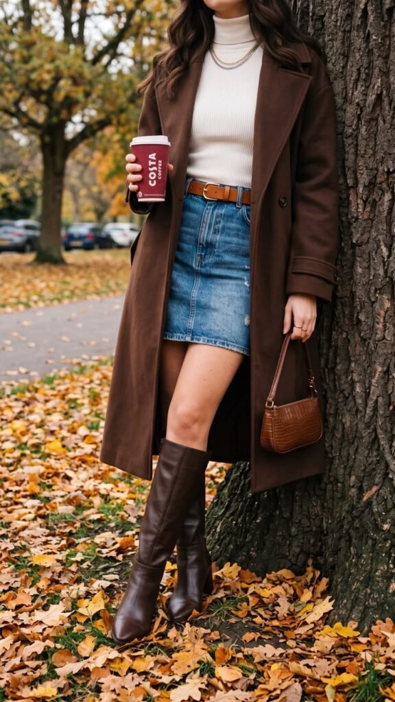 Woman wearing a long brown coat with a white turtleneck, denim mini skirt, knee-high brown boots, and a matching handbag for a chic fall outfit.