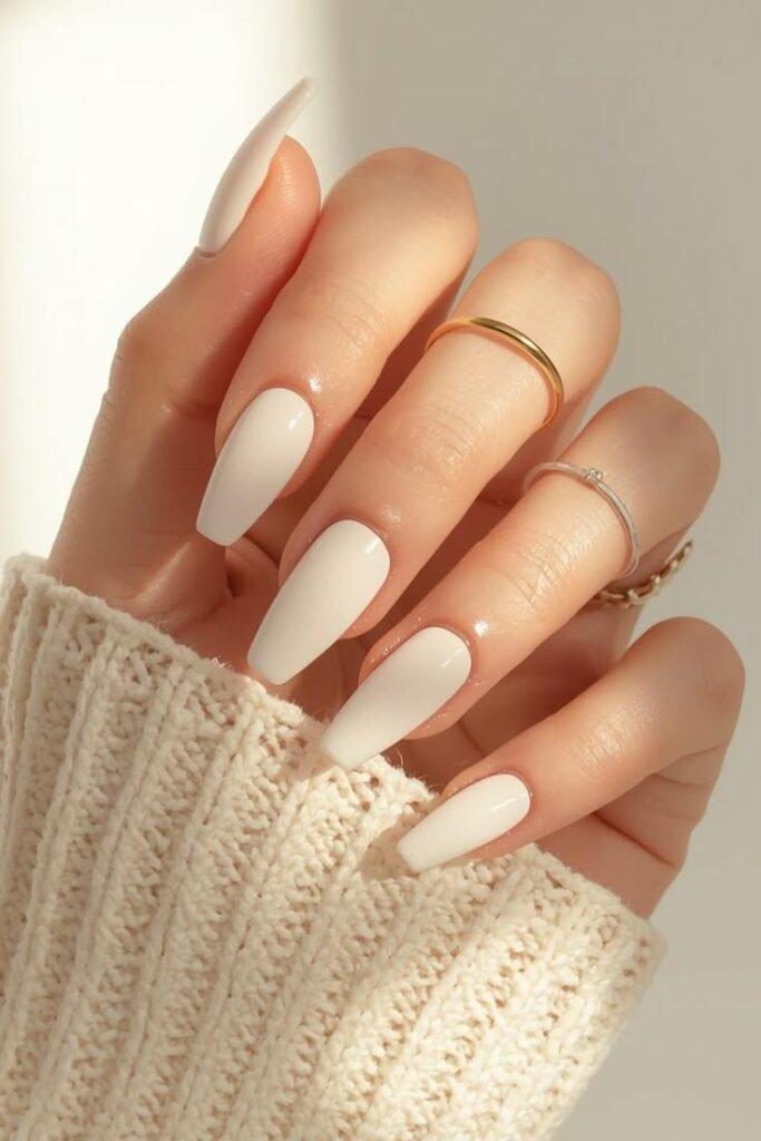 Glossy milky white almond nails with a minimalist manicure, cozy knit sweater, and gold rings.