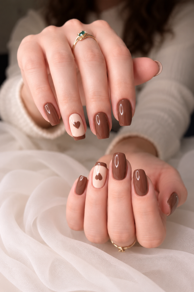 Chocolate brown fall nails with nude heart accent nails, glossy square manicure, and minimalist French tips for a chic autumn nail design.