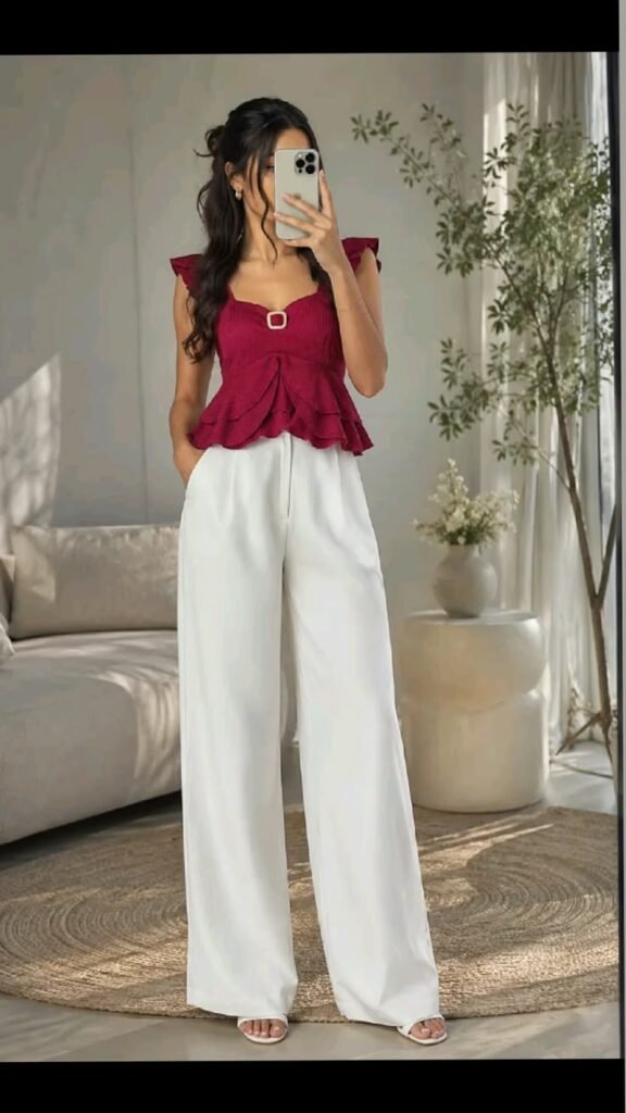 A woman taking a mirror selfie wearing a rich burgundy ruffled peplum top with shoulder frills and a gold buckle detail, paired with high-waisted white wide-leg trousers.