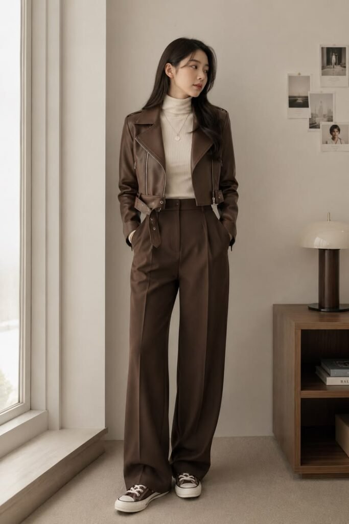 Woman wearing a brown leather jacket, cream turtleneck, and matching wide-leg trousers for a stylish business casual fall work outfit.