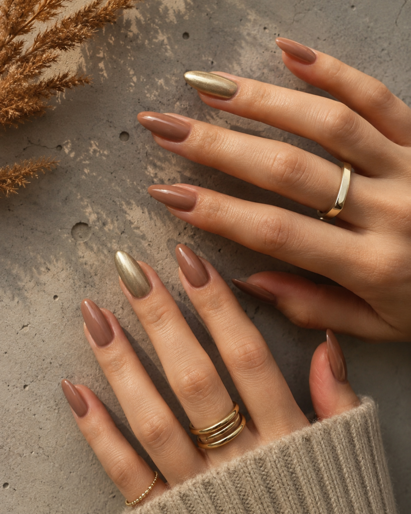 Glossy mocha brown almond nails with metallic gold chrome accent nails, creating an elegant neutral fall manicure with a quiet luxury aesthetic.