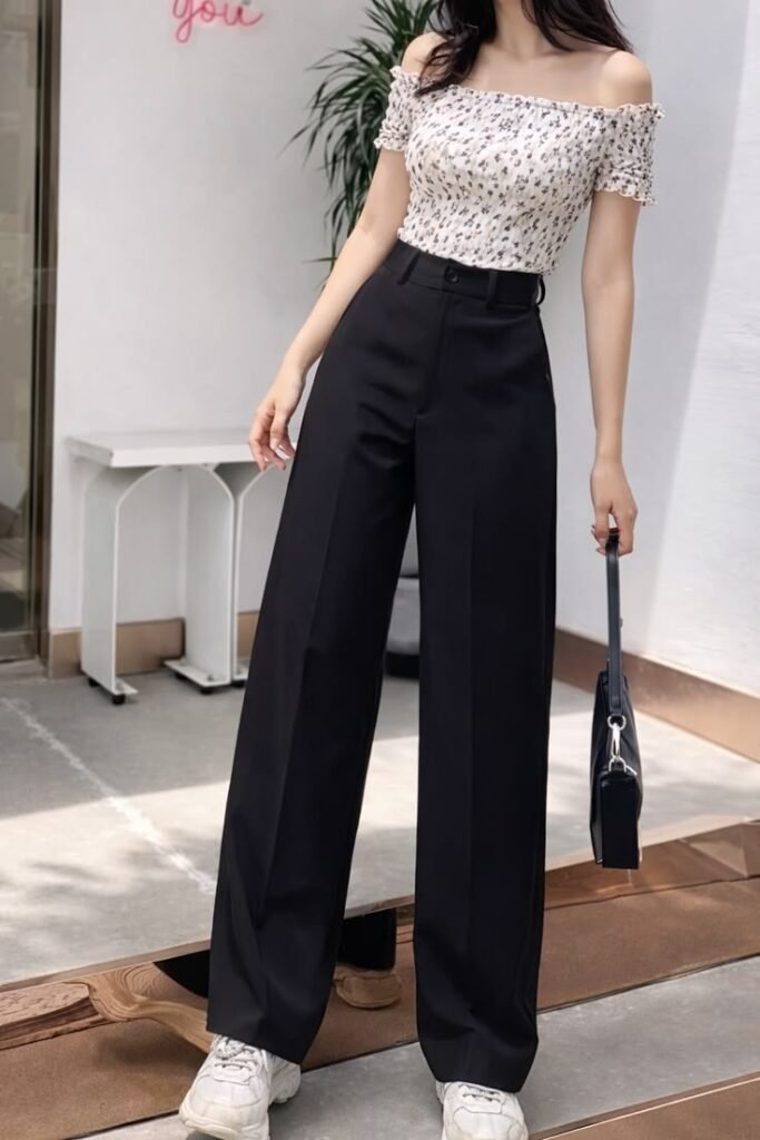 Woman wearing black wide leg trousers with a floral off-the-shoulder top, white sneakers, and a black shoulder bag for a chic summer outfit.