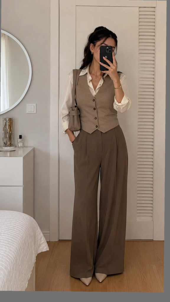 A woman taking a mirror selfie wearing neutral work outfits featuring a cream button-down shirt layered with a taupe tailored vest, deep brown wide-leg trousers, and cream heels.