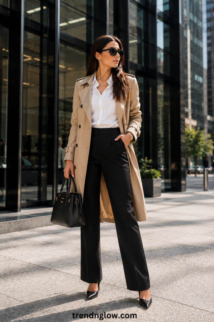 A professional woman posing outside an office wearing classic work outfits with a beige trench coat, a white button-down shirt, black high-waisted trousers, and black heels.