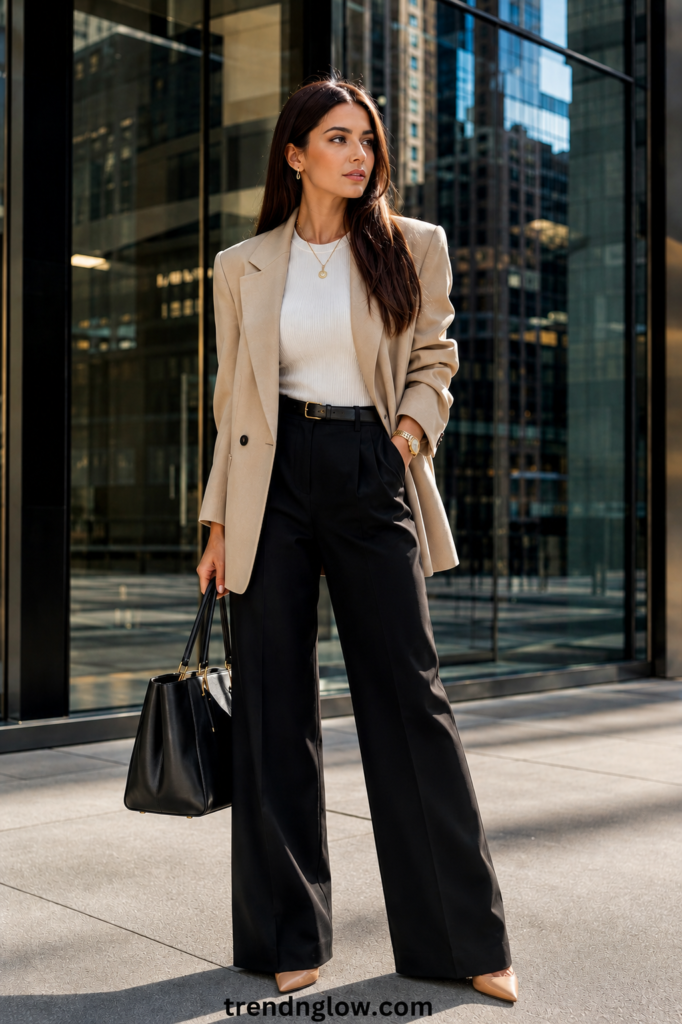 A woman standing outside an office building wearing professional work outfits featuring an oversized beige blazer, black high-waisted wide-leg trousers, a white top, and a structured black handbag.