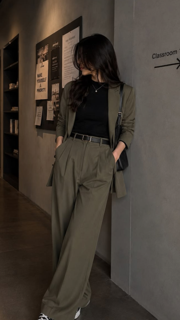 Woman wearing an olive green blazer with matching wide-leg trousers, a black mock-neck top, black sneakers, and a structured shoulder bag for a chic fall outfit.