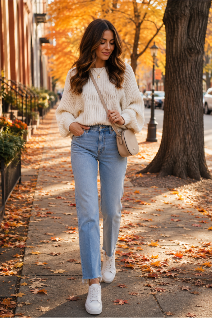 Casual fall outfit idea featuring a cream knit sweater, straight-leg jeans, white sneakers, and a beige crossbody bag.