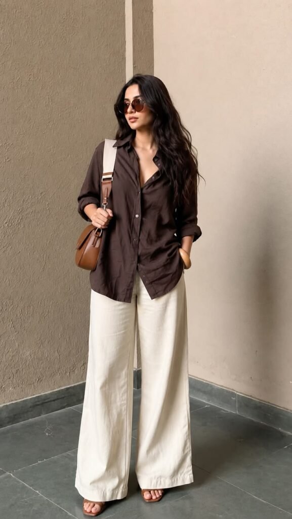 Woman wearing cream wide leg trousers with an oversized brown linen shirt, neutral sandals, sunglasses, and a tan shoulder bag for a chic summer outfit.