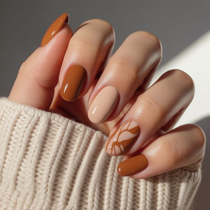 Warm caramel abstract fall nails with glossy almond-shaped manicure, creamy nude accent nail, and minimalist swirl nail art for a chic autumn look.