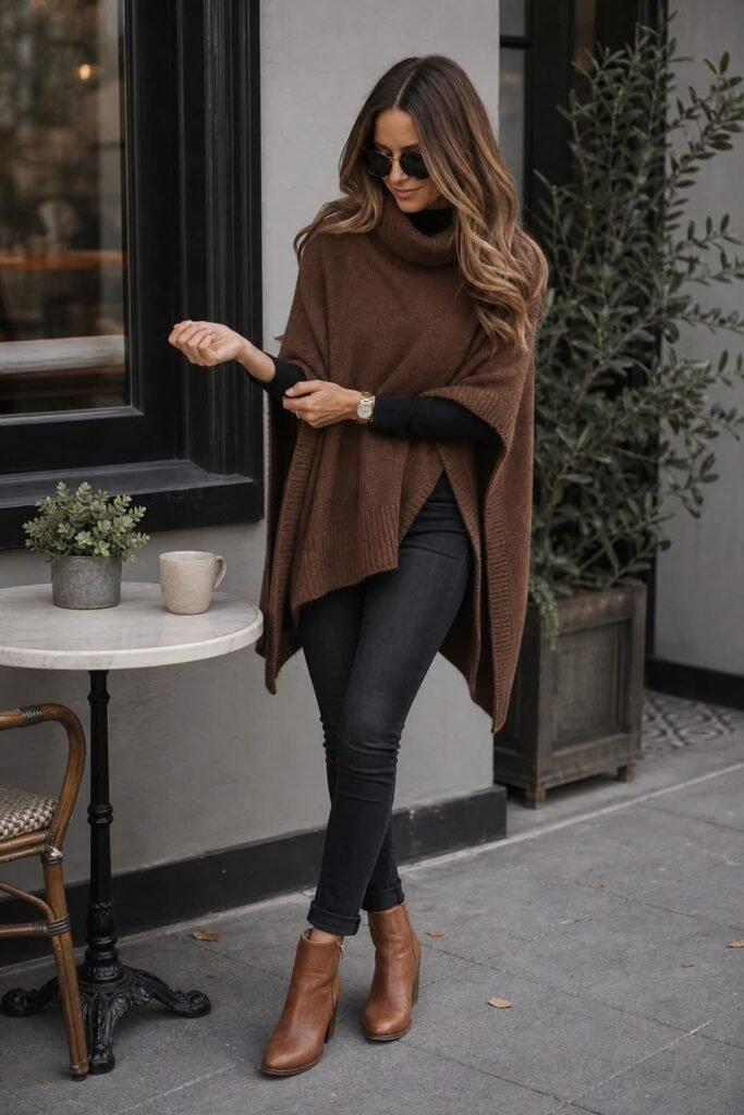Woman standing outside a cafe wearing a chocolate brown knit poncho sweater, a black long-sleeve top, black skinny jeans, and cognac brown leather ankle boots.