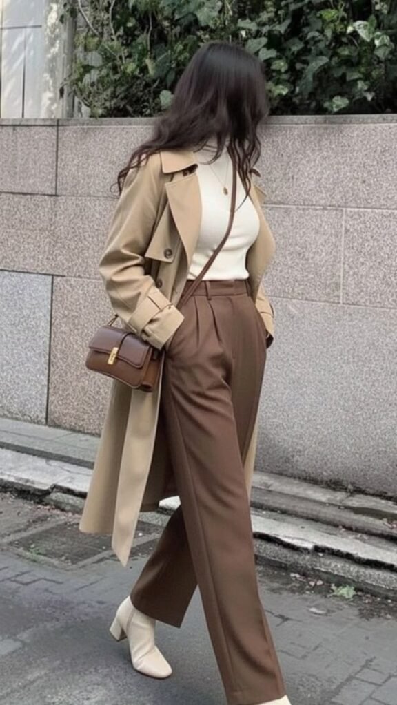 Woman wearing a beige trench coat with a cream knit top, chocolate brown tailored trousers, cream ankle boots, and a brown crossbody bag for a chic fall outfit.