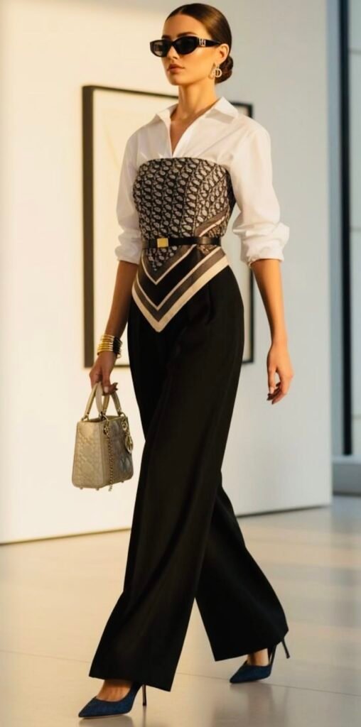 Elegant work outfit featuring a white button-down shirt with a black scarf-inspired corset top, black wide-leg trousers, pointed heels, and a structured handbag for a sophisticated office look.