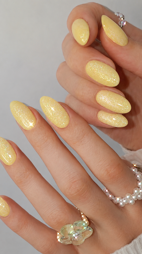 A high-quality close-up of almond-shaped nails painted in a light butter yellow shade and covered with a fine, high-shine glitter shimmer coating. The hands are accessorized with clear beaded rings and a clear flower ring.