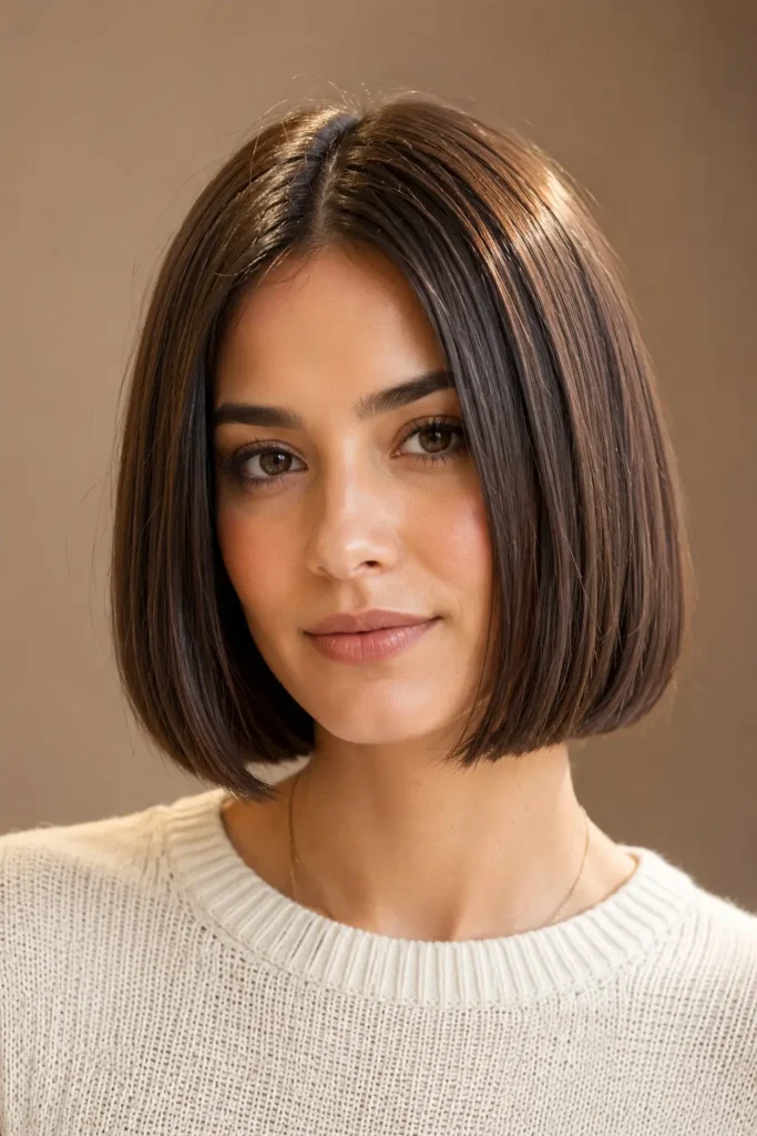 A woman wearing a classic chin-length short bob hairstyles with sleek dark brown hair and a center part. This timeless short bob hairstyle is easy to maintain and suits a variety of face shapes.