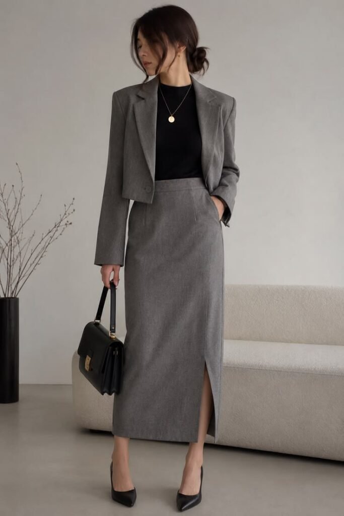 A girl wearing Elegant gray blazer and matching midi skirt work outfit styled with a black top, pointed heels, and a structured handbag for a sophisticated office look.