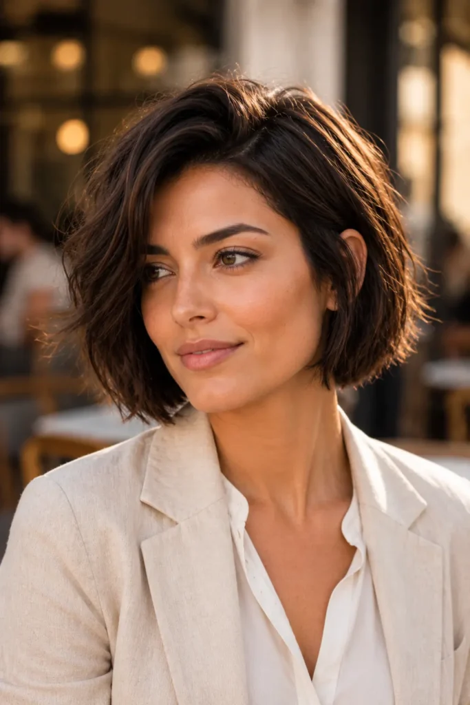A woman wearing a textured bob hairstyle with soft choppy layers and a natural side part. This stylish short bob hairstyle adds texture, volume, and movement while flattering square, oval, and heart-shaped faces. It offers a relaxed yet polished look that's easy to style every day.