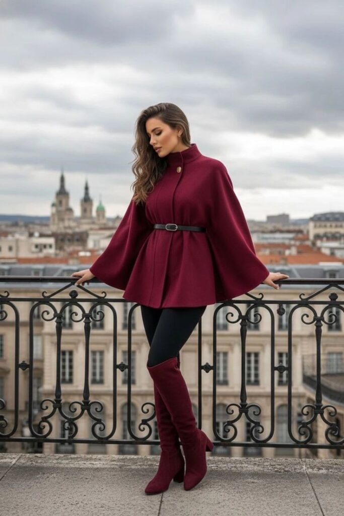Woman standing on a rooftop balcony overlooking a city skyline wearing a burgundy belted cape coat, black leggings, and matching burgundy over-the-knee suede boots.