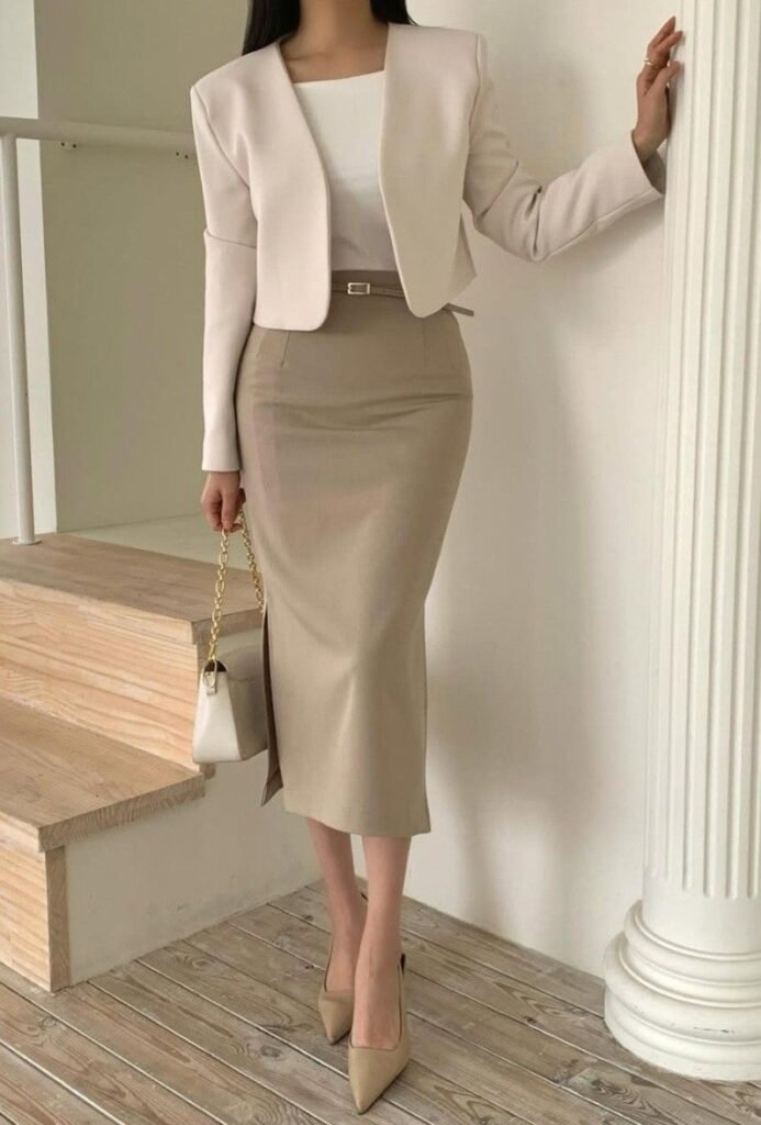 A woman standing indoors modeling elegant work outfits featuring a collarless cropped cream blazer, a white top, a high-waisted taupe pencil skirt, and beige pointed heels.