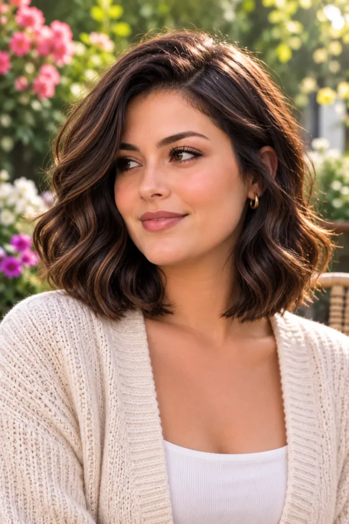 A woman wearing a soft wavy bob hairstyle with loose, natural waves and a side part. This elegant short bob hairstyle adds texture, movement, and volume while flattering round, oval, and long face shapes. It's a versatile look for both casual and special occasions.
