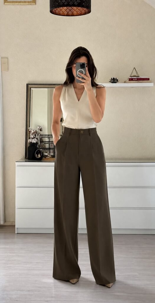 Woman wearing olive wide leg trousers with a white sleeveless blouse and pointed-toe heels for an elegant summer office outfit.
