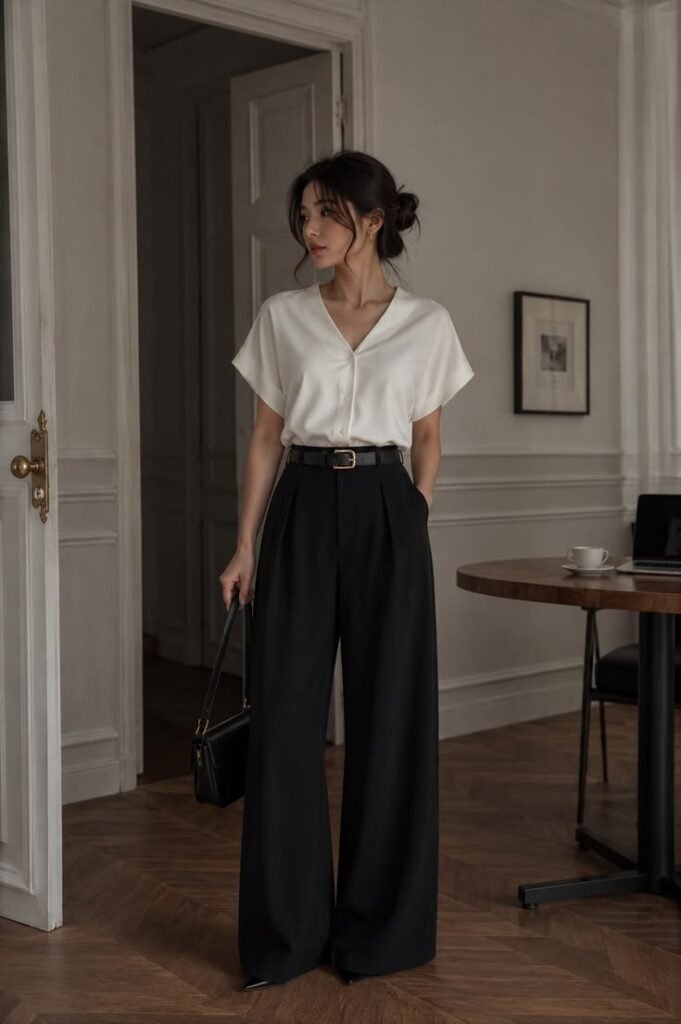 Woman wearing black wide leg trousers with a white satin blouse, black belt, and structured handbag for a chic summer office outfit.