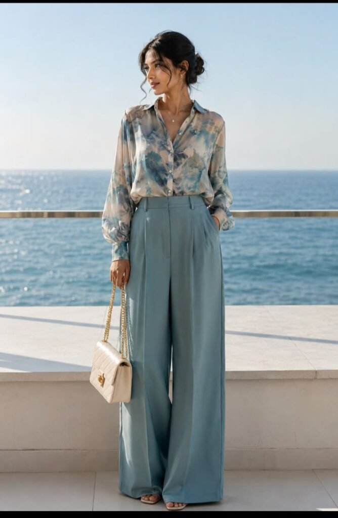 A woman wearing high-waisted dusty blue wide-leg trousers paired perfectly with a matching blue and cream watercolor printed satin button-down shirt, holding a cream quilted shoulder bag with an ocean background.