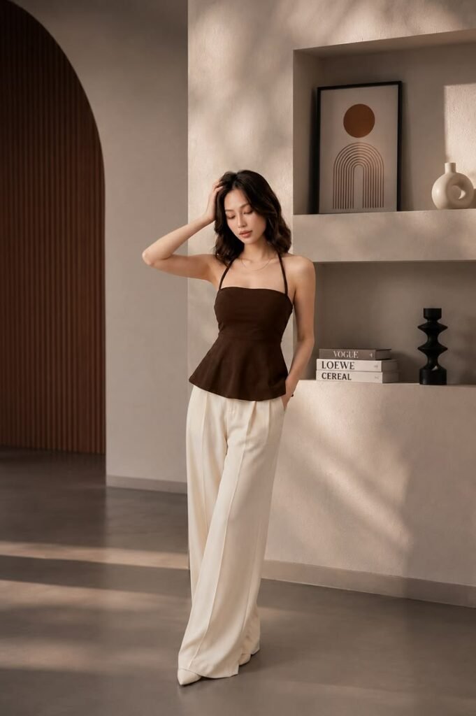 A woman wearing a chocolate brown halter neck peplum top paired with high-waisted cream wide leg trousers, standing in a minimal aesthetic room with neutral decor. Perfect high-end summer outfit styling.