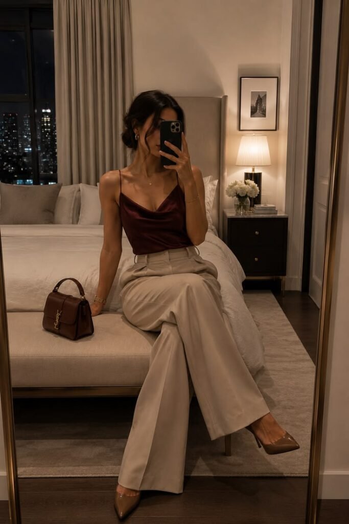 Woman wearing cream wide leg trousers with a burgundy satin cami, pointed-toe heels, and a brown handbag for an elegant summer date night outfit.