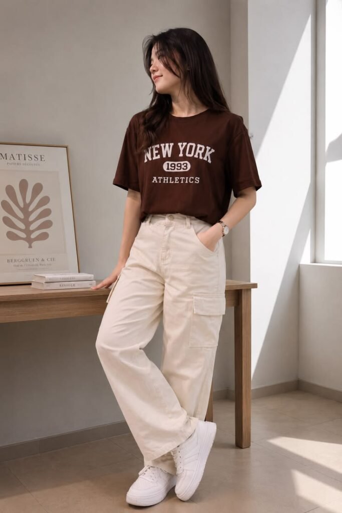 Woman wearing cream wide leg trousers with a tucked-in brown graphic tee and white sneakers for a casual summer outfit.