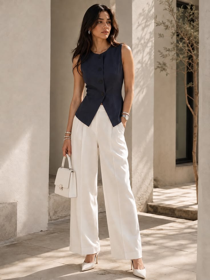 Woman wearing white wide leg trousers with a navy sleeveless tailored vest, pointed-toe heels, and a white handbag for a chic office summer outfit.