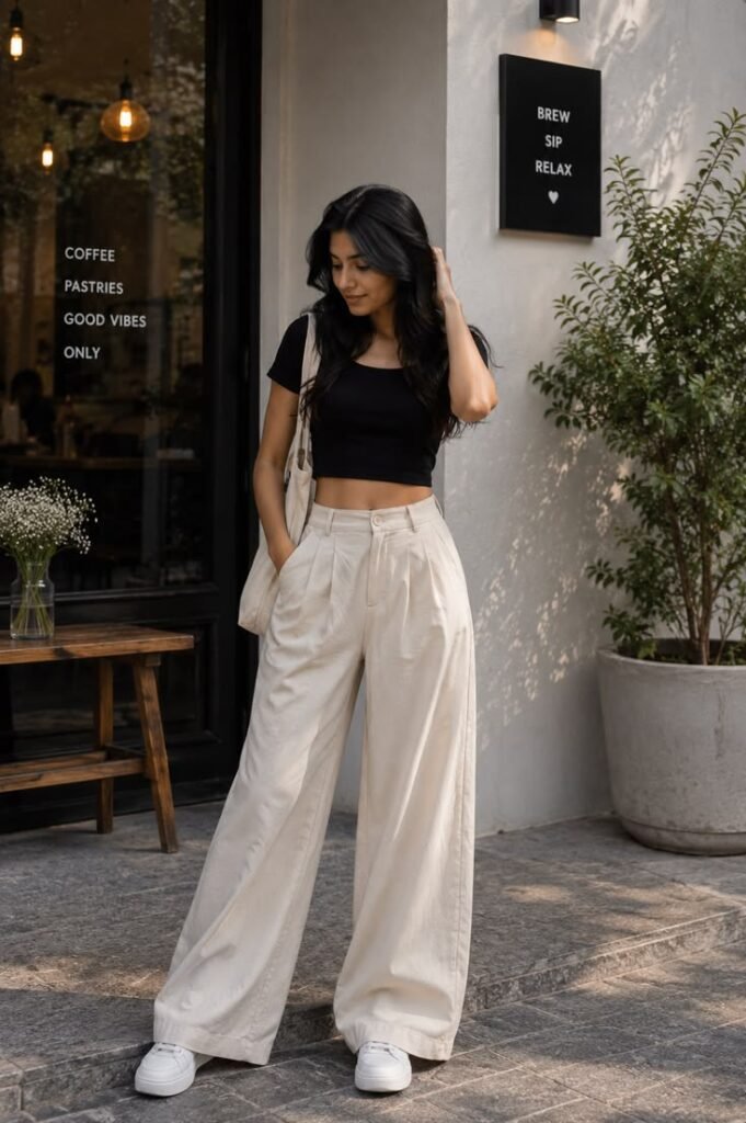 A woman wearing high-waisted beige wide-leg trousers paired with a fitted black cropped t-shirt and white chunky sneakers, posing outside a cafe. Perfect casual summer outfit inspiration.