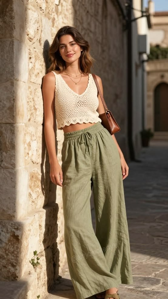 Woman wearing olive green wide leg trousers with a cream crochet top and a brown shoulder bag for a chic summer vacation outfit.