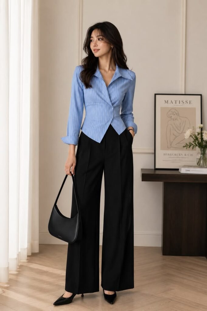 Blue striped wrap blouse with black wide-leg trousers, black heels, and a shoulder bag creating an elegant professional work outfit for women.