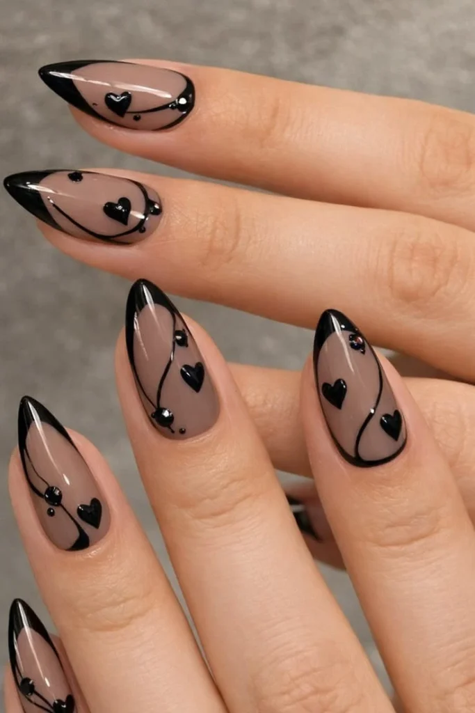 Sophisticated black heart manicure with glossy details on nude nails