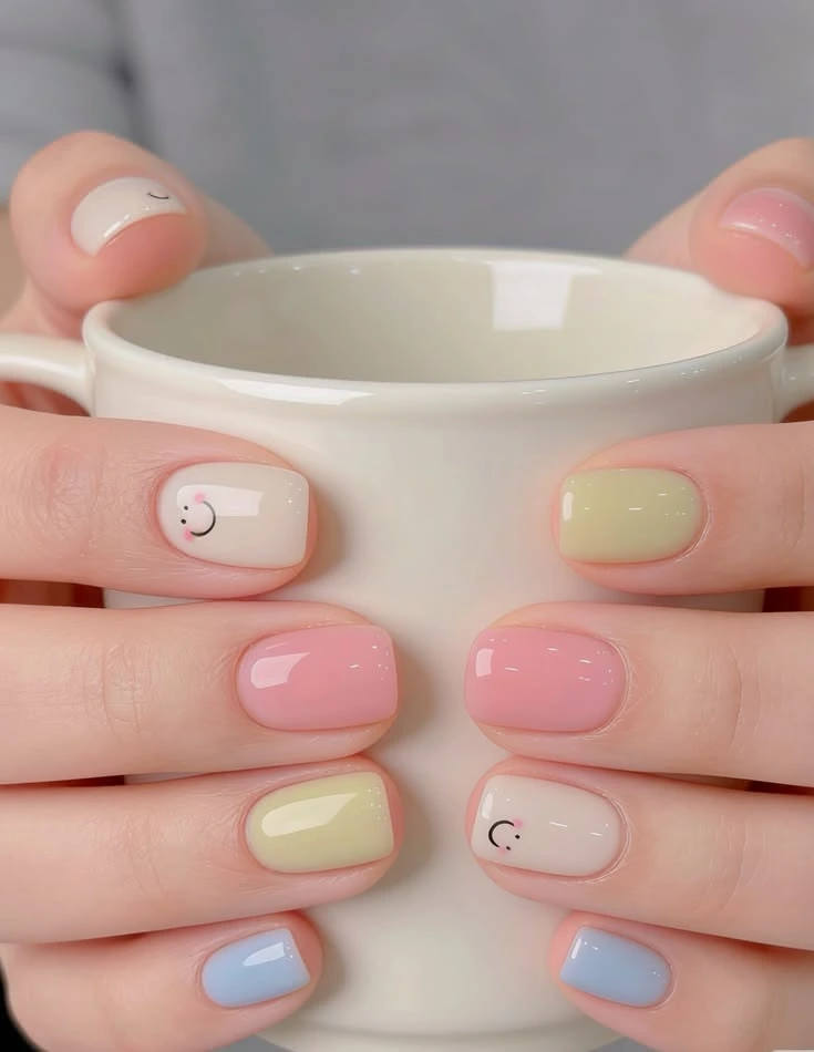 :A close-up beauty shot of cute and playful short nail ideas featuring short square nails in pastel colors (pink, yellow, blue, cream) with minimalist blushing smiley face accents, holding a white mug.