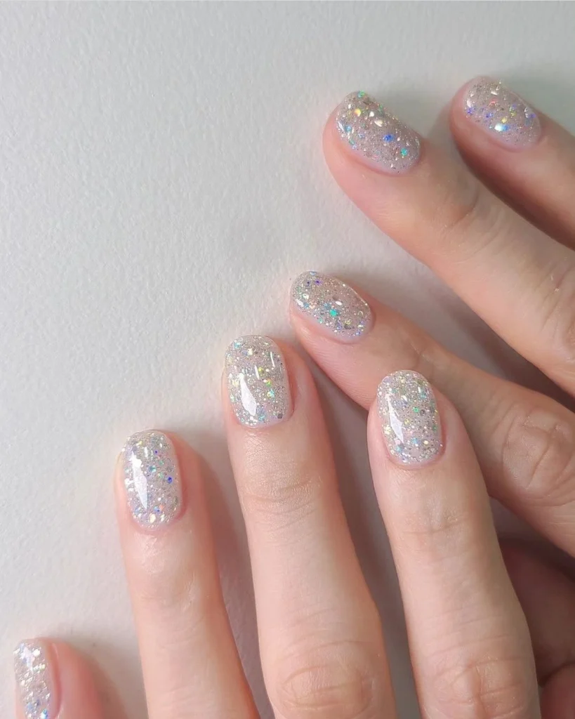 A close-up beauty shot of trendy and luxurious short nail ideas featuring short rounded nails covered in dense holographic silver flakies and multi-colored glitter with a high-shine finish.