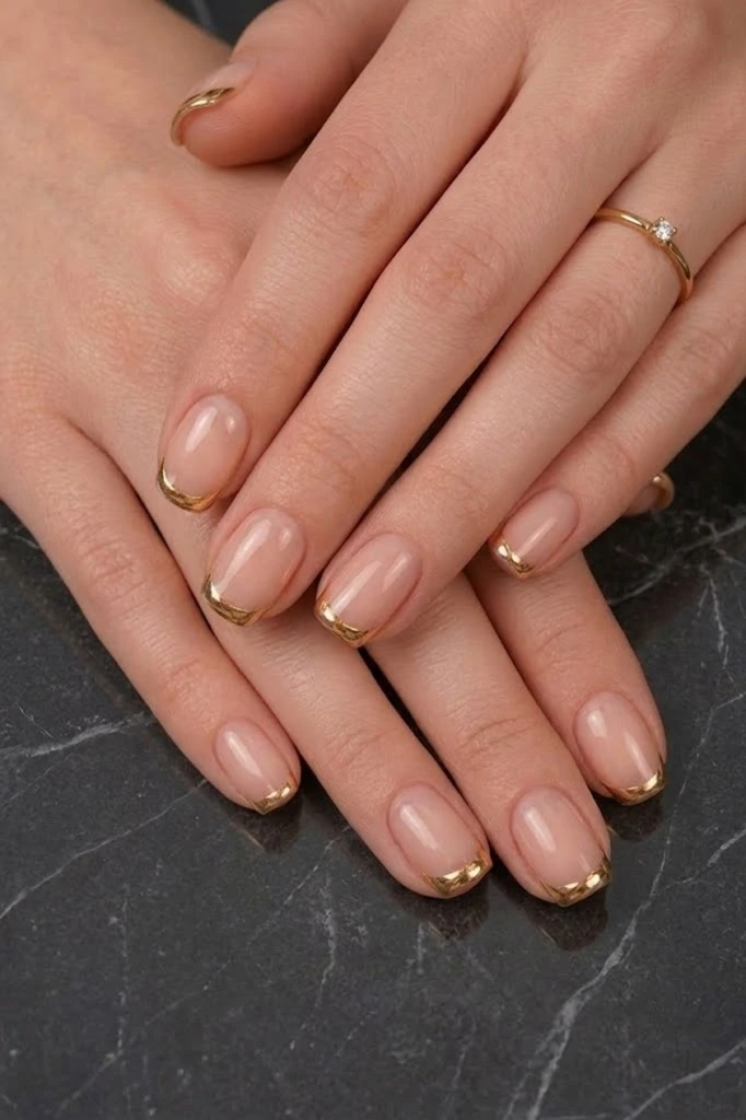 A premium close-up shot of a luxury minimalist manicure on short squoval nails. The hands feature a glossy translucent neutral nude base coat finished with precise, reflective molten gold chrome micro-French tips, accessorized with a delicate gold diamond ring, resting gracefully over a dark marbled slate background for an elegant beauty blog aesthetic.