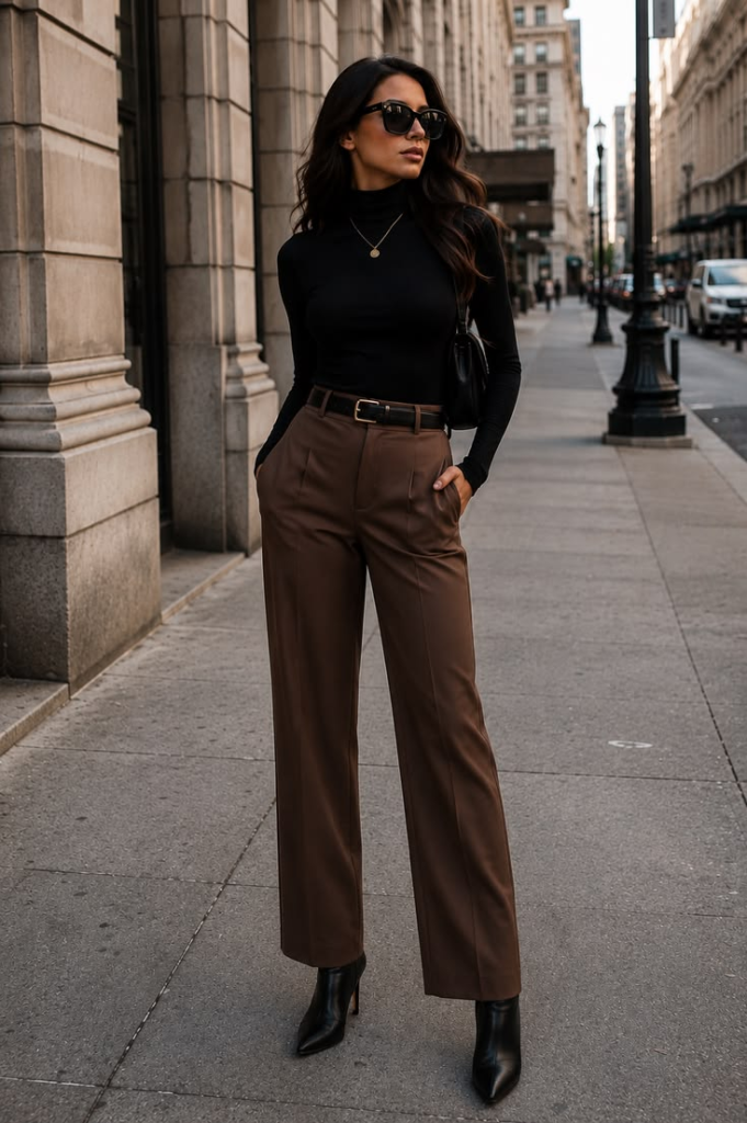 Woman wearing brown tailored pants with a fitted black top and black ankle boots for a chic city outfit.