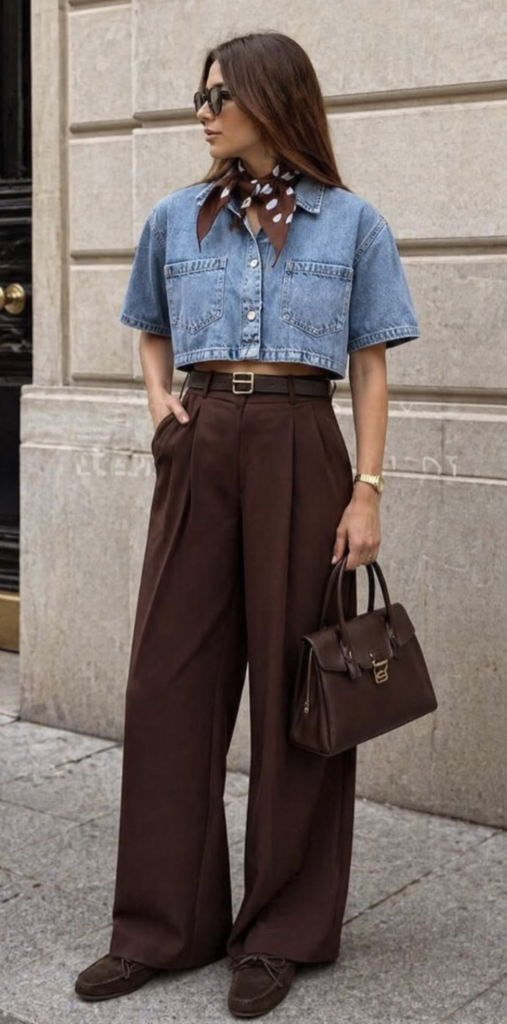 Woman wearing a cropped denim shirt with chocolate brown wide-leg pants, printed scarf, brown belt, and structured handbag.