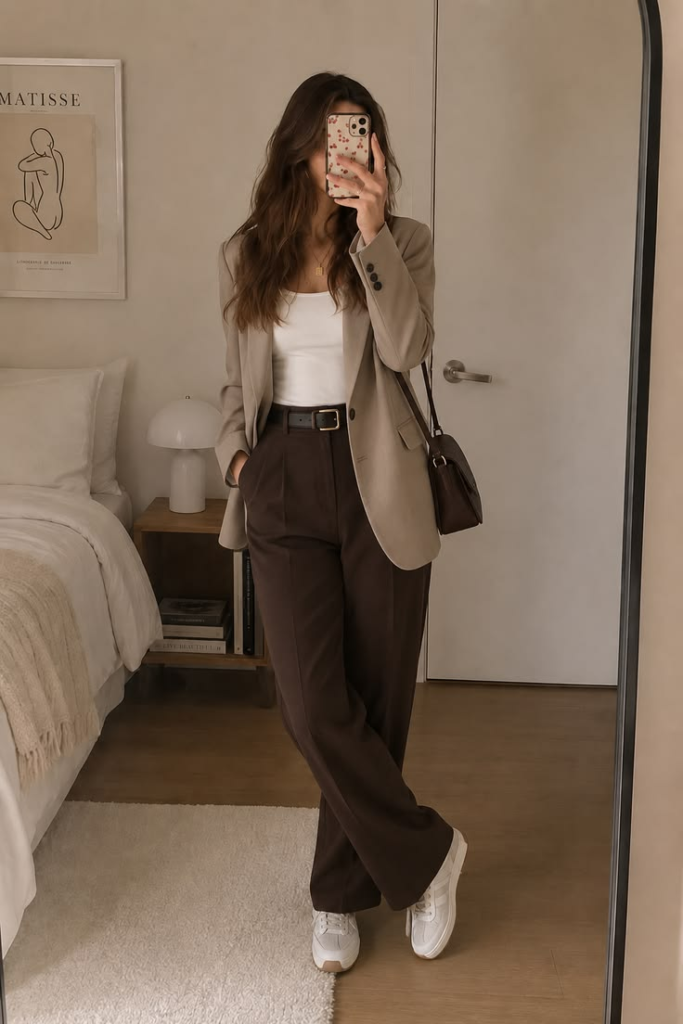 Woman wearing brown wide-leg pants with a beige blazer, white tank top, brown shoulder bag, and white sneakers.